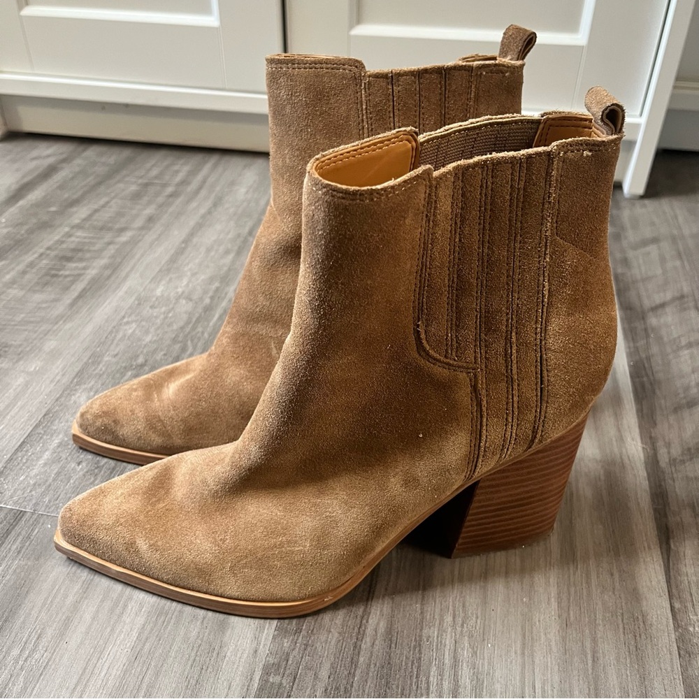 Marc Fisher OTD Oshay Pointed Toe Bootie in tan suede
